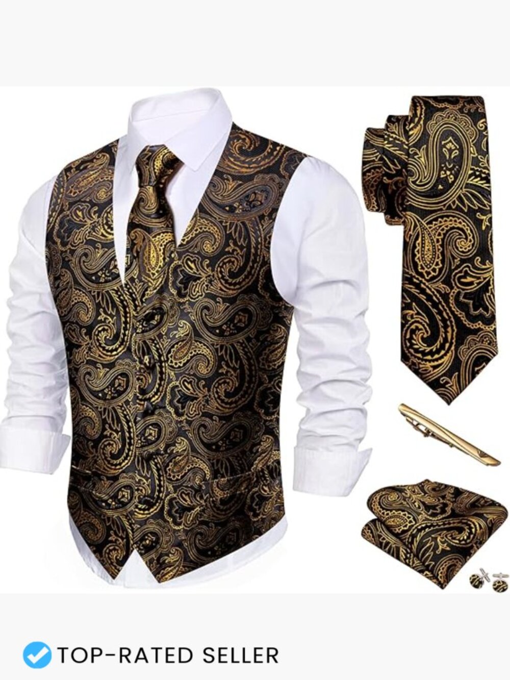 Men's Silk Vest Set Formal Wedding Paisley Jacquard Tie Pocket Square Elegant